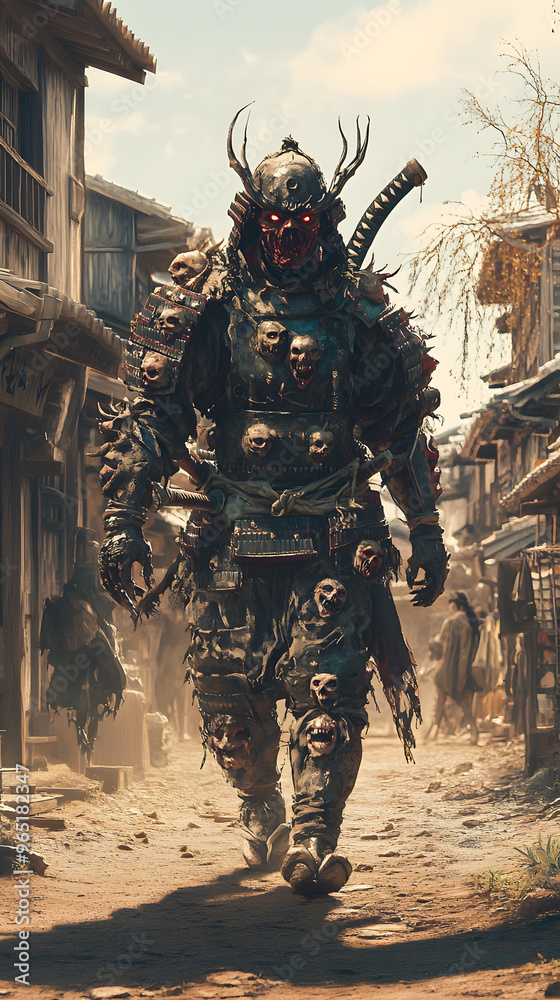A samurai wearing menacing armor made from oni material, with a helmet, walking through an Edo period town during bright daylight A samurai wearing menacing armor made from oni material, with a helmet, walking through an Edo period town during bright daylight