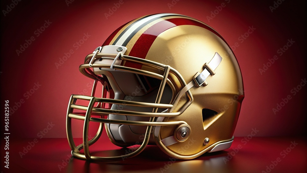 Golden football helmet with scarlet and white stripes, adorned with a bold, stylized letter Golden football helmet with scarlet and white stripes, adorned with a bold, stylized letter