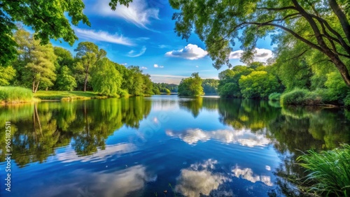 Tranquil lake nestled among lush trees , serene, water, reflection, nature, landscape, scenic, peaceful, tranquil, idyllic, green