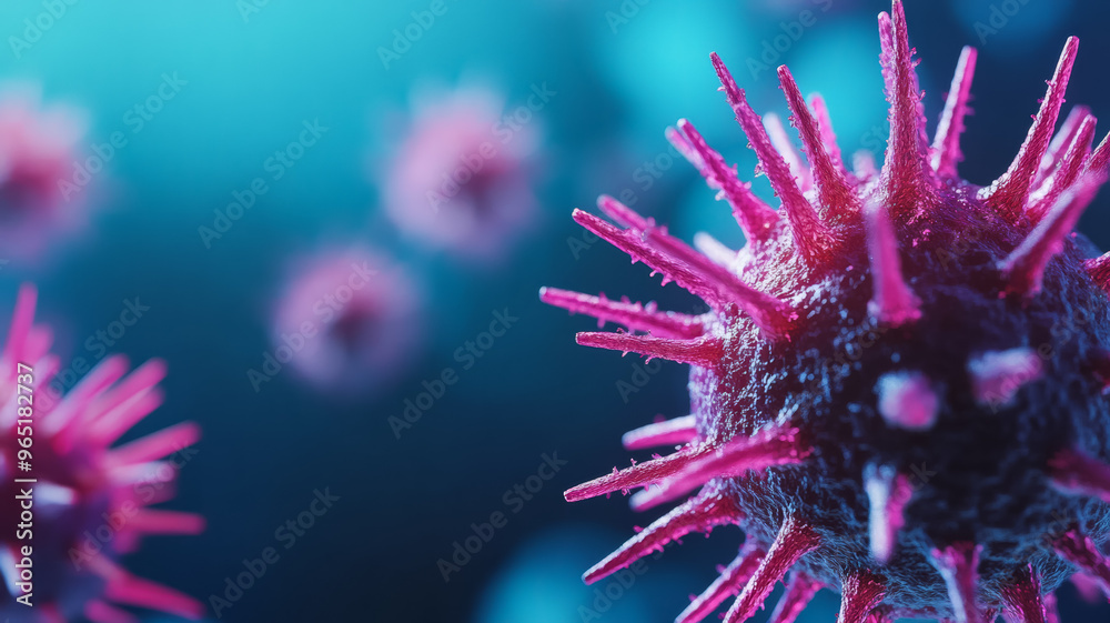 Close up of vibrant virus particles with spiky surfaces under a microscope on a deep blue background Close up of vibrant virus particles with spiky surfaces under a microscope on a deep blue background