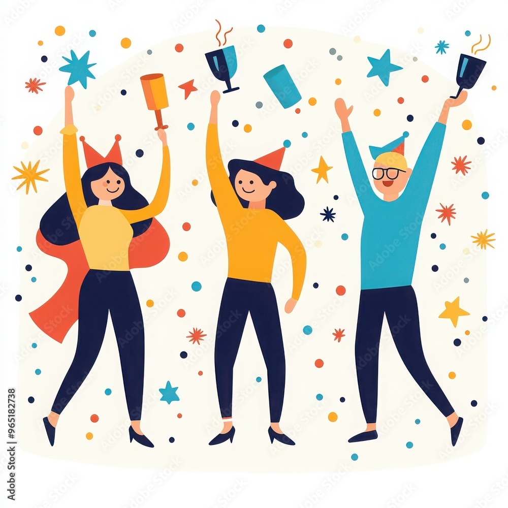 Vector illustration of people celebrating a party with confetti and drinks. The happy group is wearing colorful clothing and party hats. Vector illustration of people celebrating a party with confetti and drinks. The happy group is wearing colorful clothing and party hats.