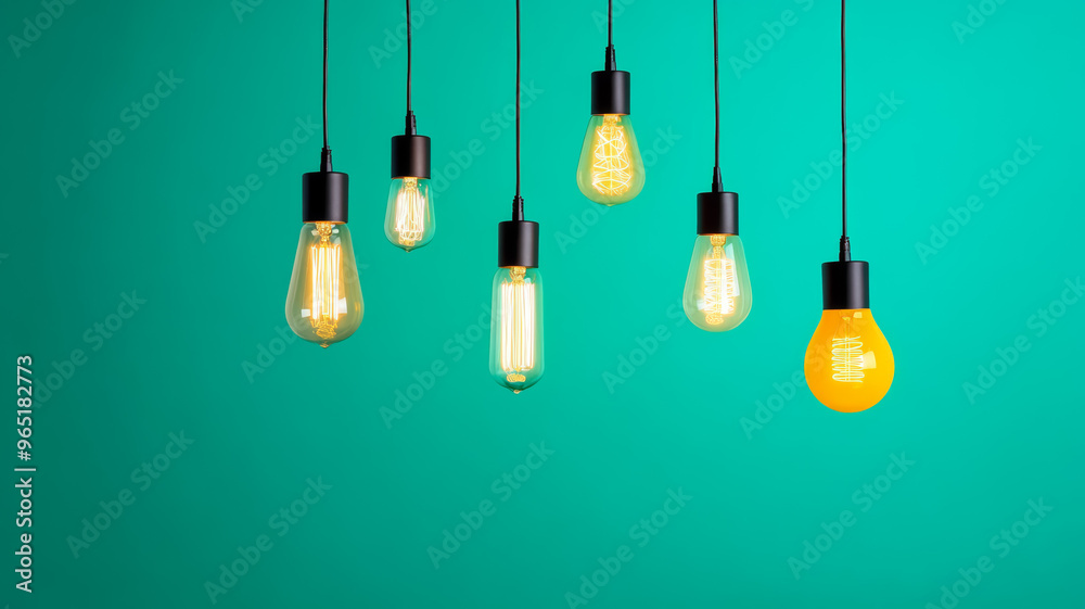 Cluster of modern light bulbs in various shapes hanging against a bright teal background Cluster of modern light bulbs in various shapes hanging against a bright teal background
