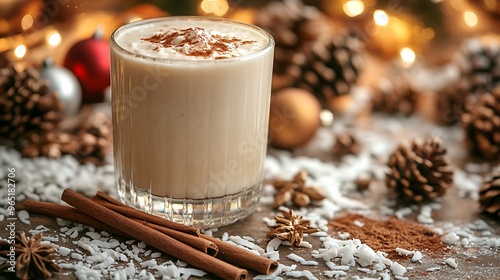 A frothy glass of coquito resting on a holiday table, with cinnamon sticks and coconut flakes scattered around. The background features softly blurred Christmas decorations, with warm, glowing lights. photo