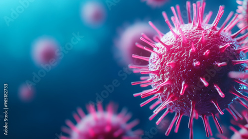 Close up of vibrant virus particles with spiky surfaces under a microscope on a deep blue background 