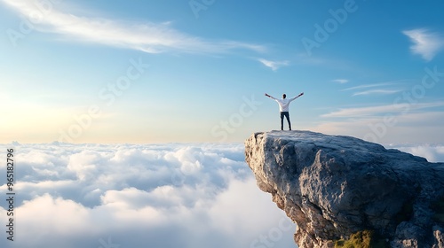 Person standing at the edge of a cliff with arms outstretched, ready for a new beginning