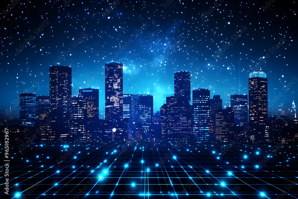 Obraz premium City skyline at night with glowing grid pattern in the foreground.