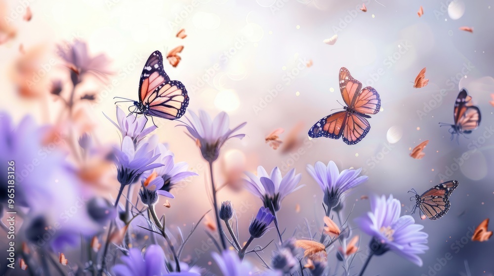 Fototapeta premium Pastel purple and orange wallpaper featuring delicate flowers and floating butterflies for elegant and soft decorative backgrounds
