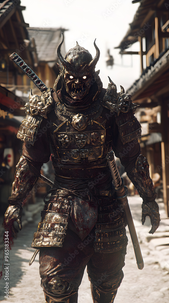 A samurai wearing menacing armor made from oni material, with a helmet, walking through an Edo period town during bright daylight A samurai wearing menacing armor made from oni material, with a helmet, walking through an Edo period town during bright daylight