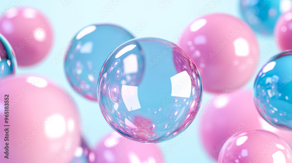 Glossy translucent paint bubbles in pastel shades floating over a pale gradient background Glossy translucent paint bubbles in pastel shades floating over a pale gradient background