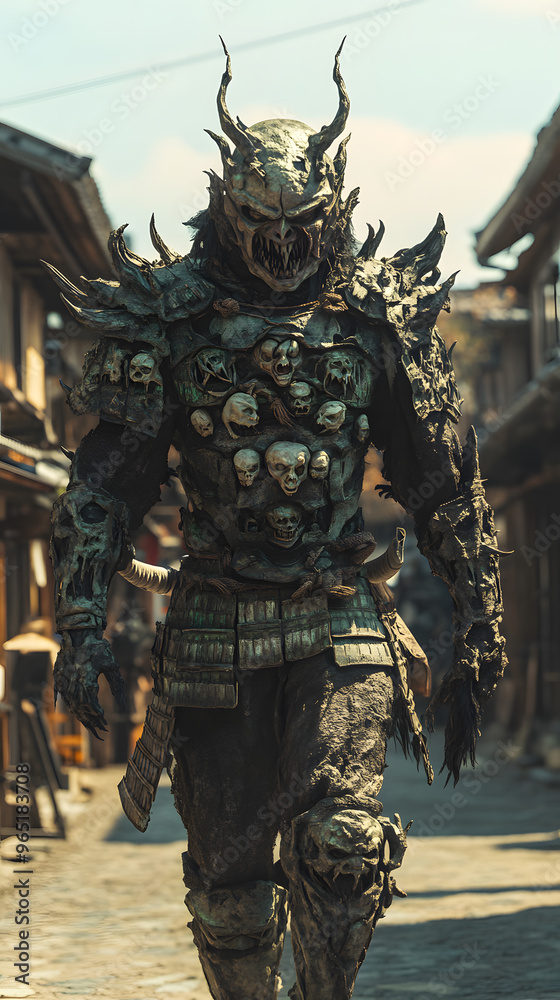 A samurai wearing menacing armor made from oni material, with a helmet, walking through an Edo period town during bright daylight A samurai wearing menacing armor made from oni material, with a helmet, walking through an Edo period town during bright daylight