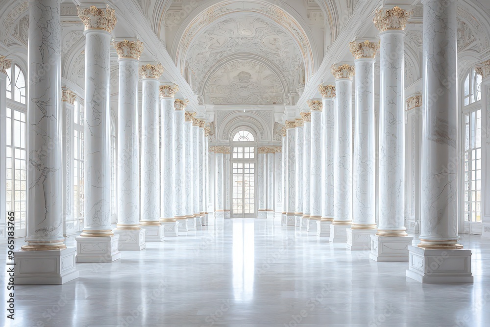 Opulent white hall featuring champagne marble and Parisian arches. Opulent white hall featuring champagne marble and Parisian arches.