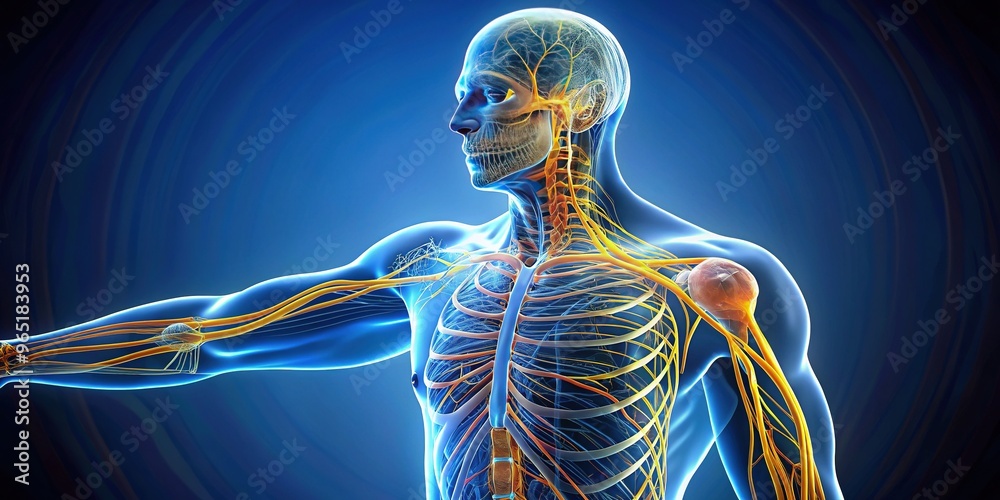 Illuminated 3D illustration of the human arm's lateral antebrachial cutaneous nerve, showcasing its path from the musculocutaneous nerve to the forearm skin.
