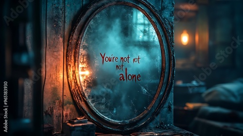 Wallpaper Mural A grimy, cracked mirror in a dark, spooky bedroom, with "You're not alone" written in red lipstick. The reflection is distorted, with fog covering parts of the glass, Torontodigital.ca