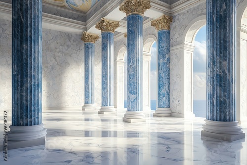 Sunlit Greek hall with blue marble columns and white floors.