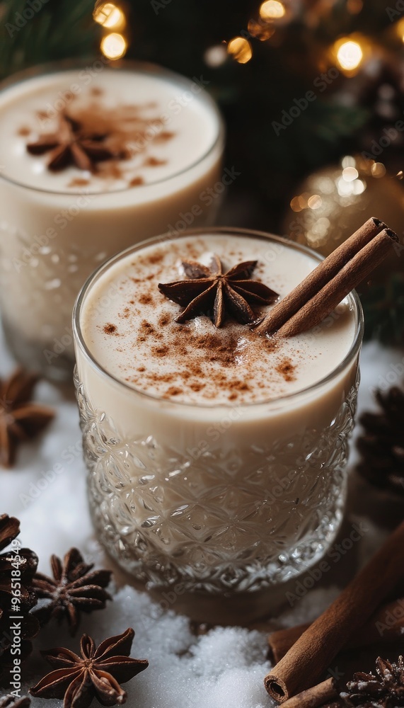 A glass of eggnog with cinnamon and star anise. Perfect for a winter holiday celebration, this image is ideal for marketing or advertising related to the holidays. A glass of eggnog with cinnamon and star anise. Perfect for a winter holiday celebration, this image is ideal for marketing or advertising related to the holidays.