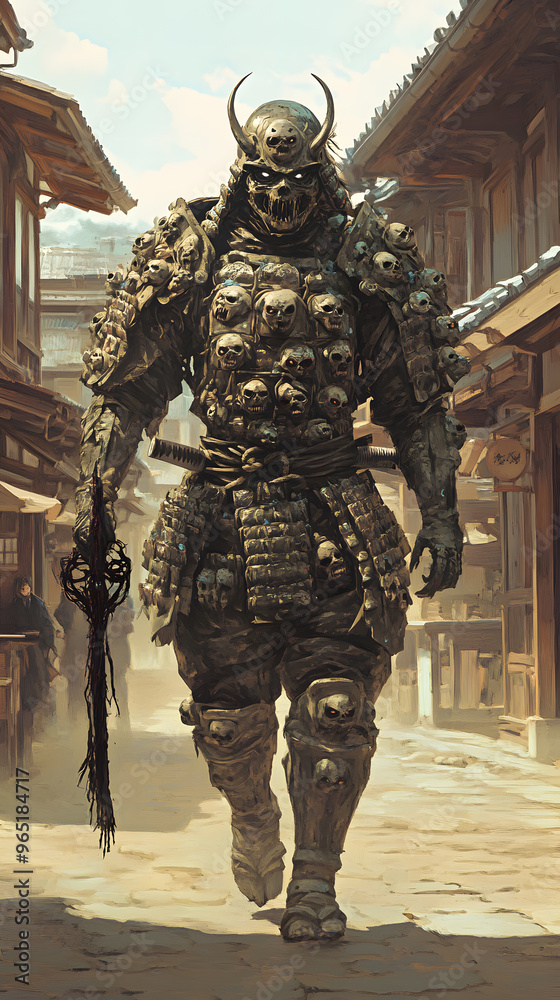 A samurai wearing menacing armor made from oni material, with a helmet, walking through an Edo period town during bright daylight A samurai wearing menacing armor made from oni material, with a helmet, walking through an Edo period town during bright daylight