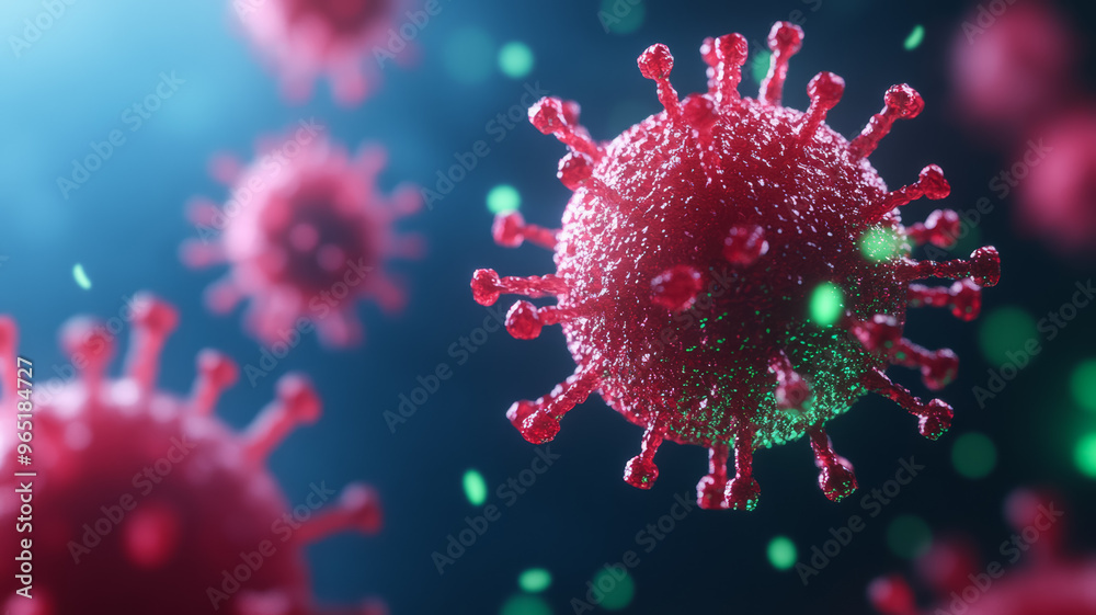 Red and green virus particles with intricate details against a dark blue microscopic background Red and green virus particles with intricate details against a dark blue microscopic background