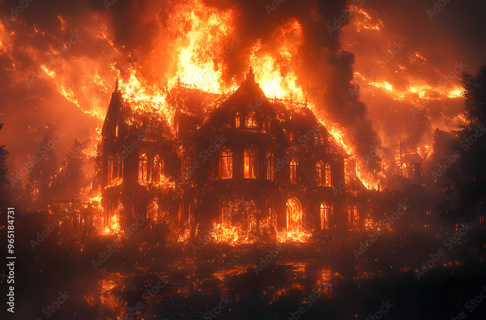 “A Large Dark House Ablaze in the Night Sky, Windows Glowing with Intense Flames, Creating a Dramatic and Ominous Scene of Destruction, Highlighting the Power of Fire, Danger, and Chaos in a Cinematic “A Large Dark House Ablaze in the Night Sky, Windows Glowing with Intense Flames, Creating a Dramatic and Ominous Scene of Destruction, Highlighting the Power of Fire, Danger, and Chaos in a Cinematic