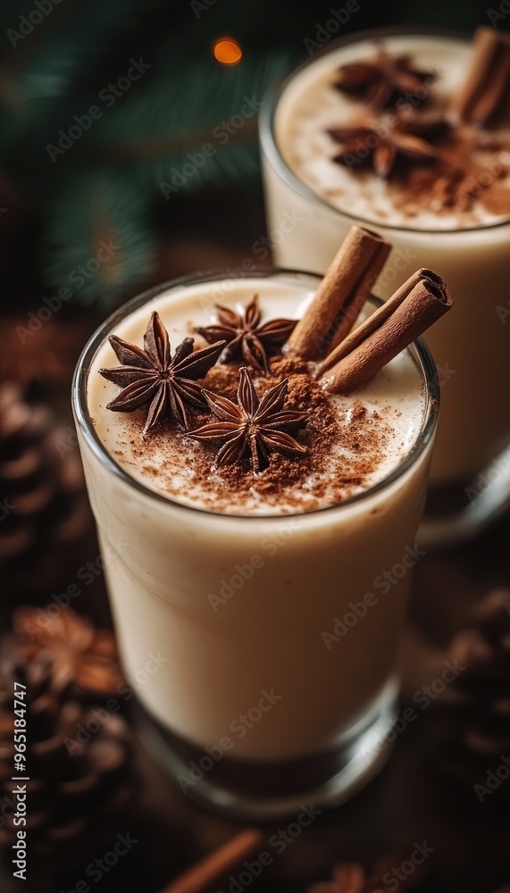 A glass of eggnog with cinnamon sticks and star anise. This image is perfect for a holiday-themed blog post or social media campaign. A glass of eggnog with cinnamon sticks and star anise. This image is perfect for a holiday-themed blog post or social media campaign.