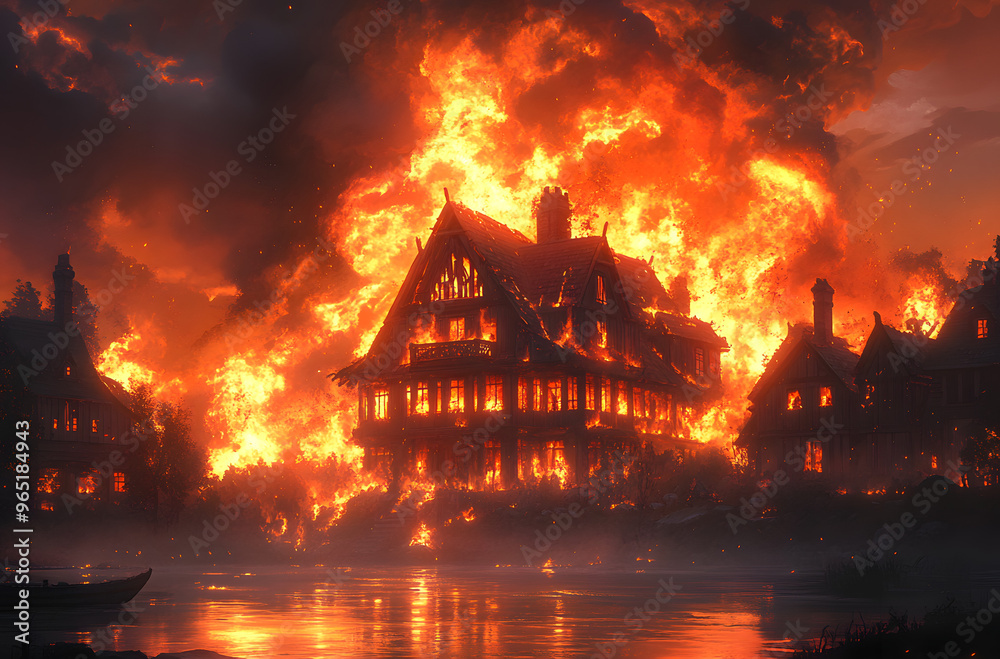 “A Large Dark House Ablaze in the Night Sky, Windows Glowing with Intense Flames, Creating a Dramatic and Ominous Scene of Destruction, Highlighting the Power of Fire, Danger, and Chaos in a Cinematic “A Large Dark House Ablaze in the Night Sky, Windows Glowing with Intense Flames, Creating a Dramatic and Ominous Scene of Destruction, Highlighting the Power of Fire, Danger, and Chaos in a Cinematic