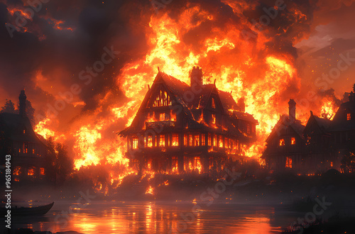 “A Large Dark House Ablaze in the Night Sky, Windows Glowing with Intense Flames, Creating a Dramatic and Ominous Scene of Destruction, Highlighting the Power of Fire, Danger, and Chaos in a Cinematic