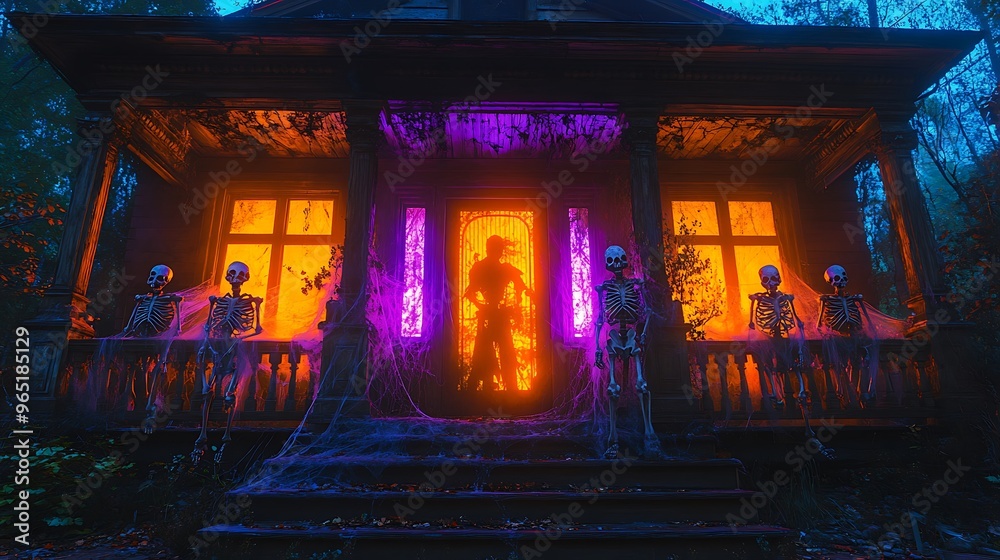 Obraz premium A haunted house's front porch, cobweb-covered with animated skeletons guarding the entrance, illuminated by creepy orange and purple lights, cracked windows, decayed wood,