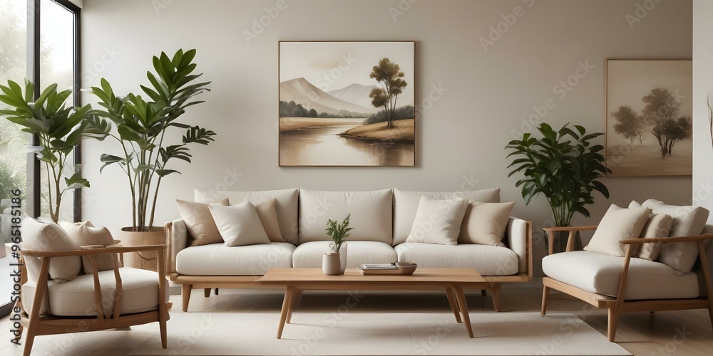 Fototapeta premium A modern living room with a large beige sofa, a wooden coffee table, and a landscape painting on the wall. The room has a minimalist and cozy feel
