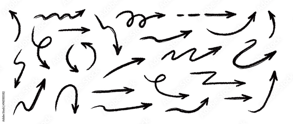 Arrow crayon brush fun kid chalk line stroke. Sketch chalk pencil texture line kid fun arrow icon. Hand drawn grunge crayon brush sketch direction charcoal element set. Vector illustration. Arrow crayon brush fun kid chalk line stroke. Sketch chalk pencil texture line kid fun arrow icon. Hand drawn grunge crayon brush sketch direction charcoal element set. Vector illustration.
