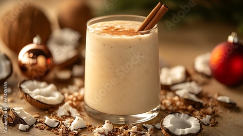 A rustic table scene with a glass of coquito garnished with a cinnamon stick, surrounded by coconut flakes and Christmas ornaments. Soft natural light filters through, casting gentle shadows. Warm, photo