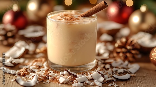 A rustic table scene with a glass of coquito garnished with a cinnamon stick, surrounded by coconut flakes and Christmas ornaments. Soft natural light filters through, casting gentle shadows. Warm, photo