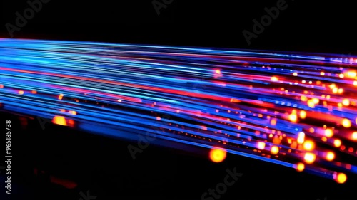 Fiber optic. Bundle of optical fiber wires transmits data at high speed. Macro shot. 