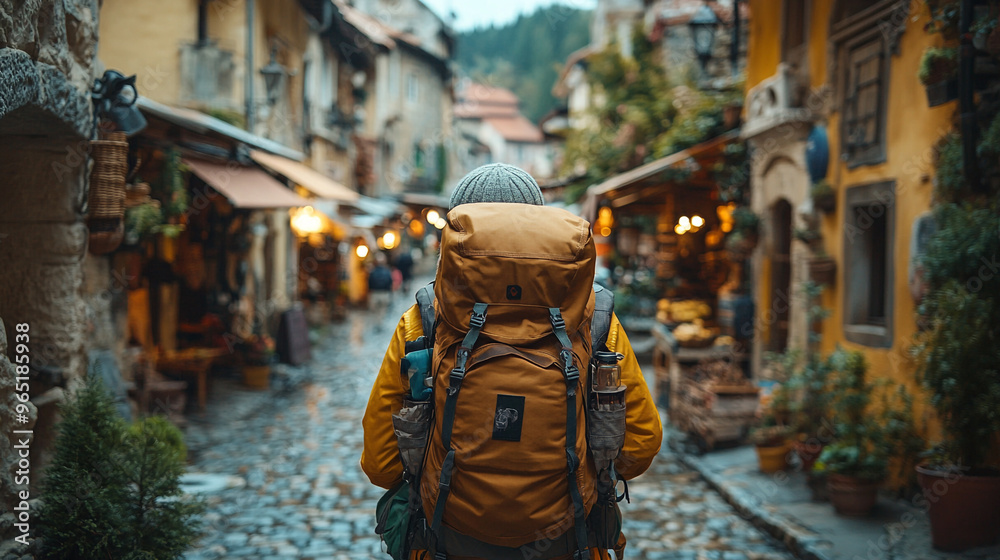 Traveler exploring a charming cobblestone street in a picturesque town, showcasing adventure and wanderlust. Traveler exploring a charming cobblestone street in a picturesque town, showcasing adventure and wanderlust.