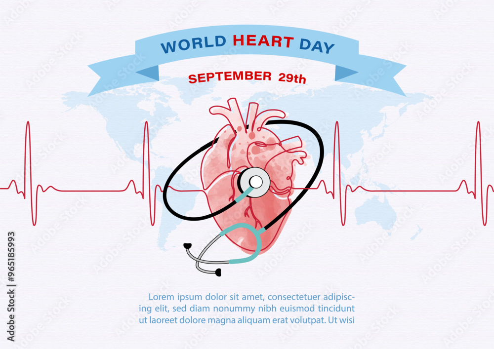 Fototapeta premium Image of Stethoscope around on a human heart with heartbeat and wording of World Heart Day, example texts on blue paper pattern background. Poster's campaign in watercolors and vector design.