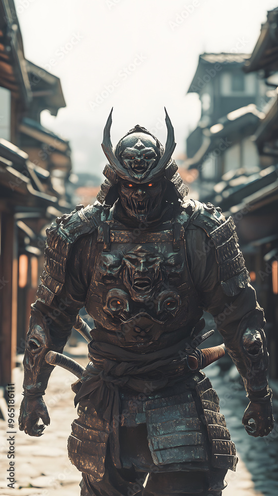 Fototapeta premium A samurai wearing menacing armor made from oni material, with a helmet, walking through an Edo period town during bright daylight