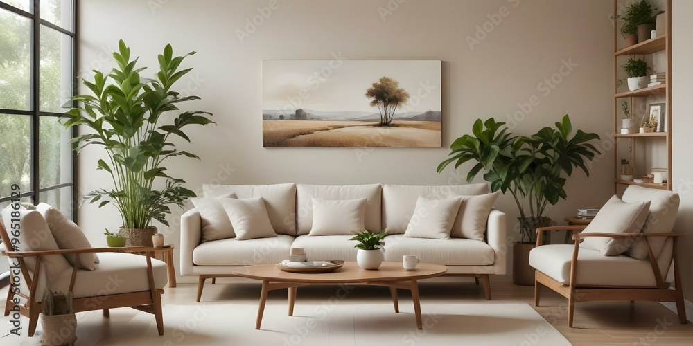 A modern living room with a large beige sofa, a wooden coffee table, and a landscape painting on the wall. The room has a minimalist and cozy feel A modern living room with a large beige sofa, a wooden coffee table, and a landscape painting on the wall. The room has a minimalist and cozy feel