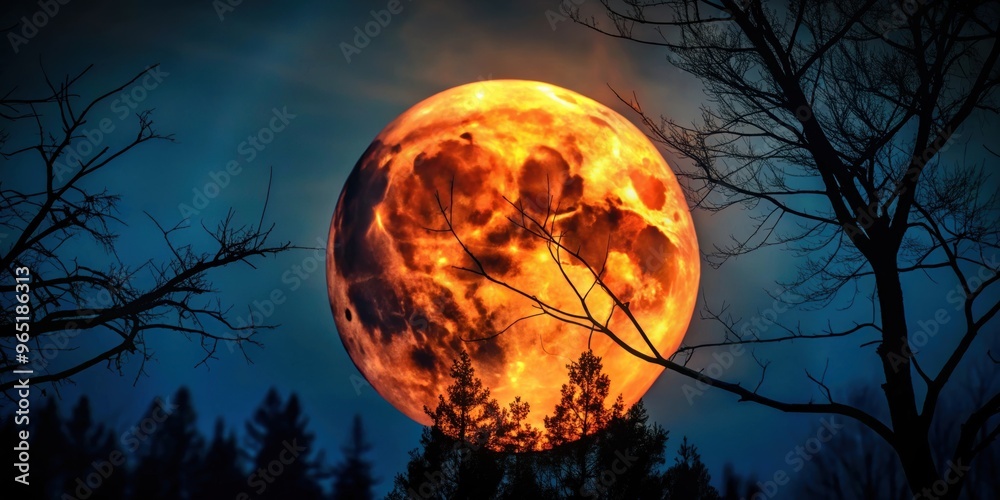 Super full blood moon rising behind silhouette of branches in a dark forest, with a blurred sky in the background Super full blood moon rising behind silhouette of branches in a dark forest, with a blurred sky in the background