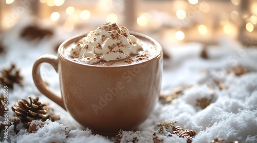 A steaming cup of gingerbread hot chocolate, topped with whipped cream and dusted with gingerbread spice, placed near a snow-covered window. The background features softly glowing Christmas lights,