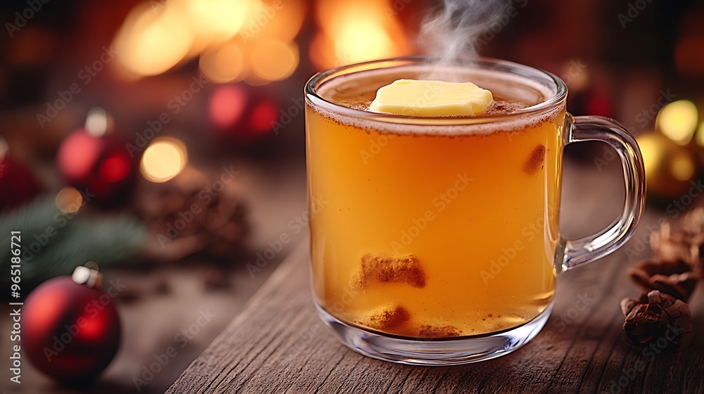 A steaming cup of hot buttered rum resting on a wooden table, with a pat of butter slowly melting into the warm liquid. The background features softly blurred Christmas decorations and a warm, A steaming cup of hot buttered rum resting on a wooden table, with a pat of butter slowly melting into the warm liquid. The background features softly blurred Christmas decorations and a warm,