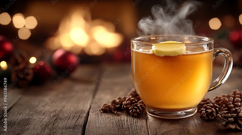 A steaming cup of hot buttered rum resting on a wooden table, with a pat of butter slowly melting into the warm liquid. The background features softly blurred Christmas decorations and a warm, A steaming cup of hot buttered rum resting on a wooden table, with a pat of butter slowly melting into the warm liquid. The background features softly blurred Christmas decorations and a warm,