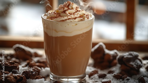 A steaming glass of Bombardino with a swirl of whipped cream and a dusting of cocoa, placed near a mountain lodge window.