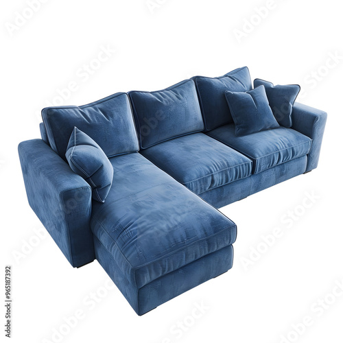 Plush blue velvet sofa with deep seats and modern design. Isolated on a transparent background.