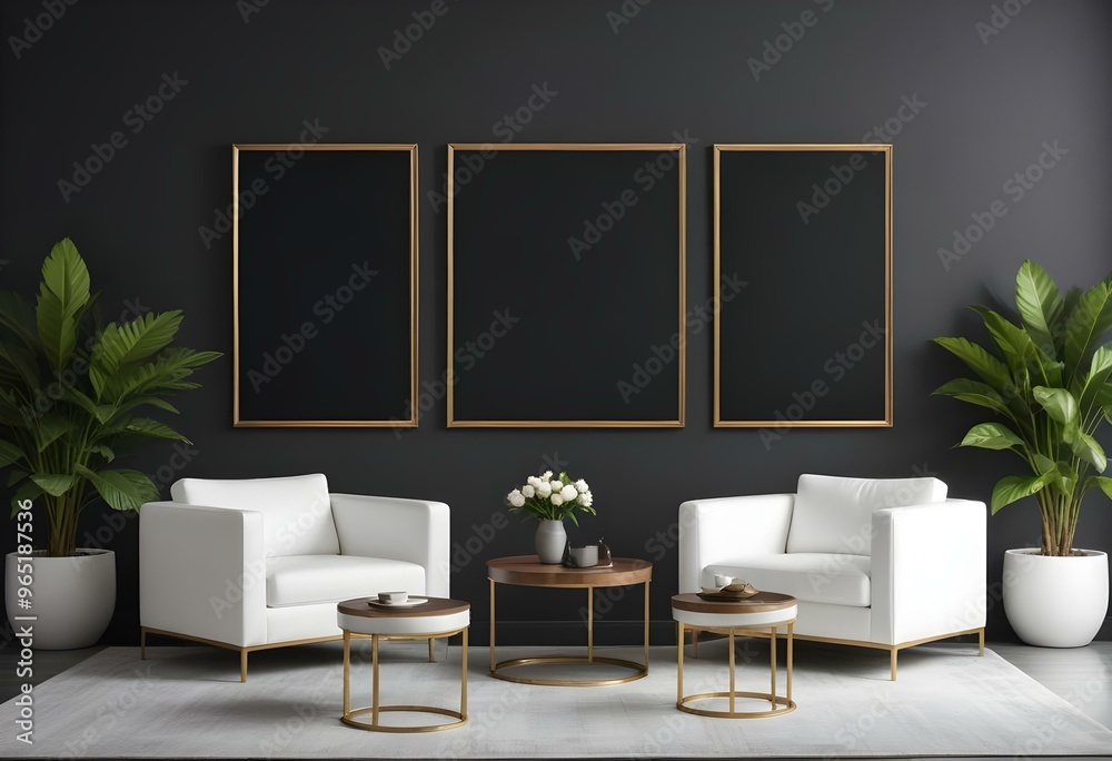Fototapeta premium A modern living room with white leather armchairs, a wooden coffee table, and three empty gold-framed wall art displays against a dark gray wall.