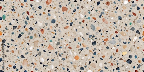 Rough-hewn terrazzo texture weaves together fragments of granite, quartz, and marble for a dynamic, ever-changing