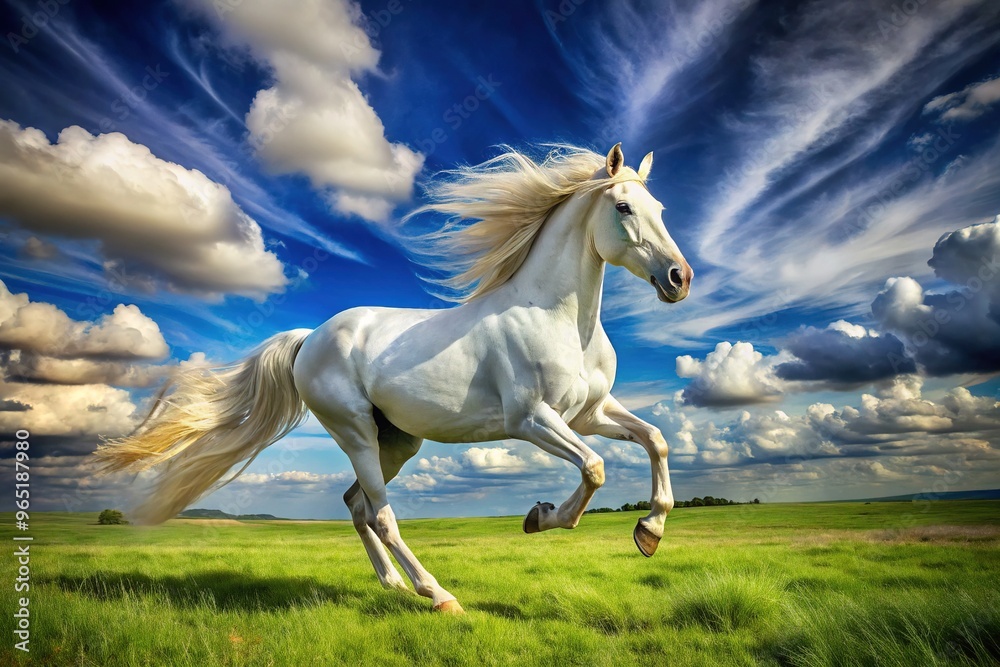 Majestic white horse gallops freely in a lush green meadow under a bright blue sky with puffy white clouds, showcasing its powerful muscles and flowing mane. Majestic white horse gallops freely in a lush green meadow under a bright blue sky with puffy white clouds, showcasing its powerful muscles and flowing mane.