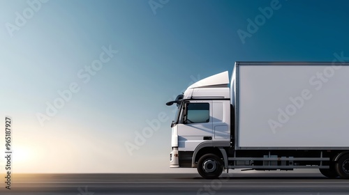 A side view of a modern delivery truck parked against a clear blue sky, showcasing the vehicle's design and functionality.