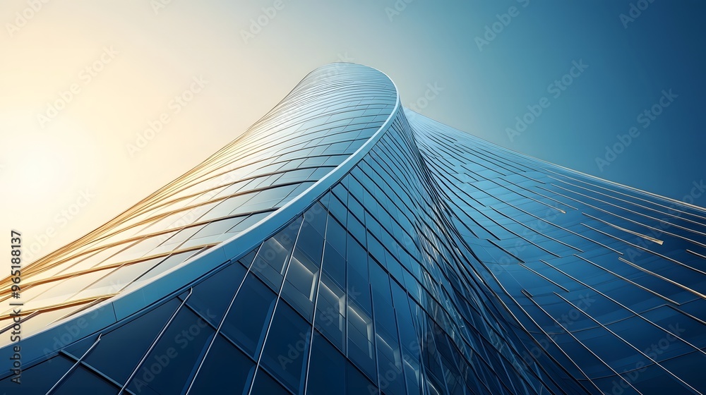 Low-angle view of a modern glass building with a sleek, curved design against a clear blue sky. The reflective windows and fluid architecture create a sense of innovation and futuristic. Low-angle view of a modern glass building with a sleek, curved design against a clear blue sky. The reflective windows and fluid architecture create a sense of innovation and futuristic.