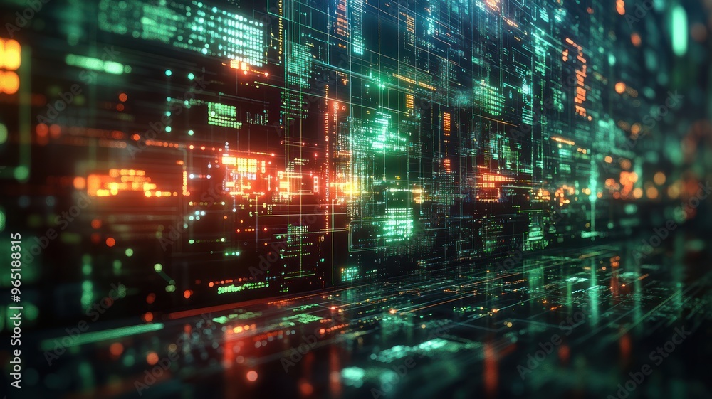 Fototapeta premium Abstract digital data visualization with glowing lines and patterns.