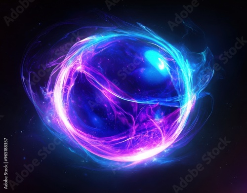 Glowing energy sphere in blue and purple hues emits a mystical and futuristic aura against a dark background