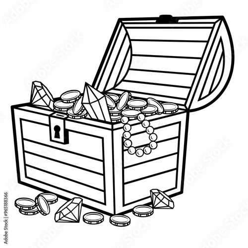 Treasure Chest | Gold Coins | Jewels Box | Wooden Chest | Pirate Chest | Treasure Hunting | Pirate | Treasure Chest w/Diamond & Gold | Original Illustration | Vector and Clipart | Cutfile and Stencil