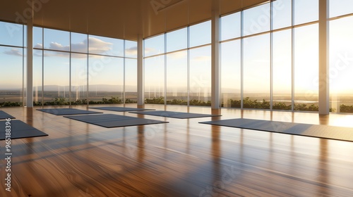 Serene yoga studio interior with large windows and scenic view, promoting relaxation and mindfulness during practice.